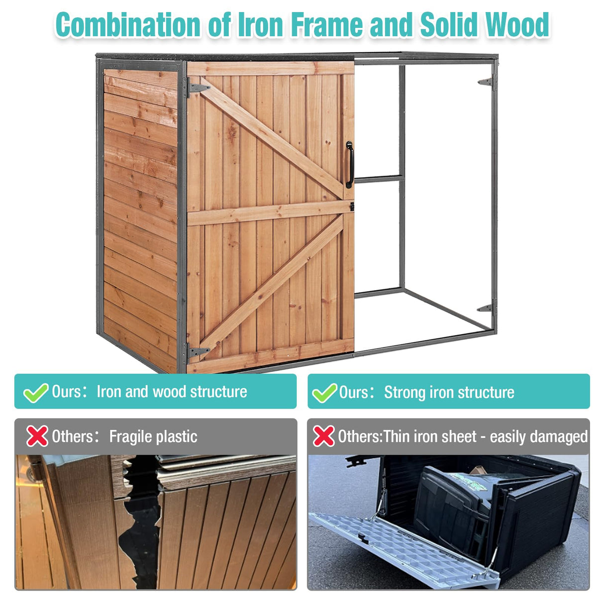 Outdoor Storage Cabinet,Wooden Garden Shed with Metal Frame Structure and Adjustable Shelf,33.3 Cu Ft Horizontal Waterproof Patio Tools Storage Box for Sofa Cushion, Lawn Mower and Garbage Cans Suumerpety