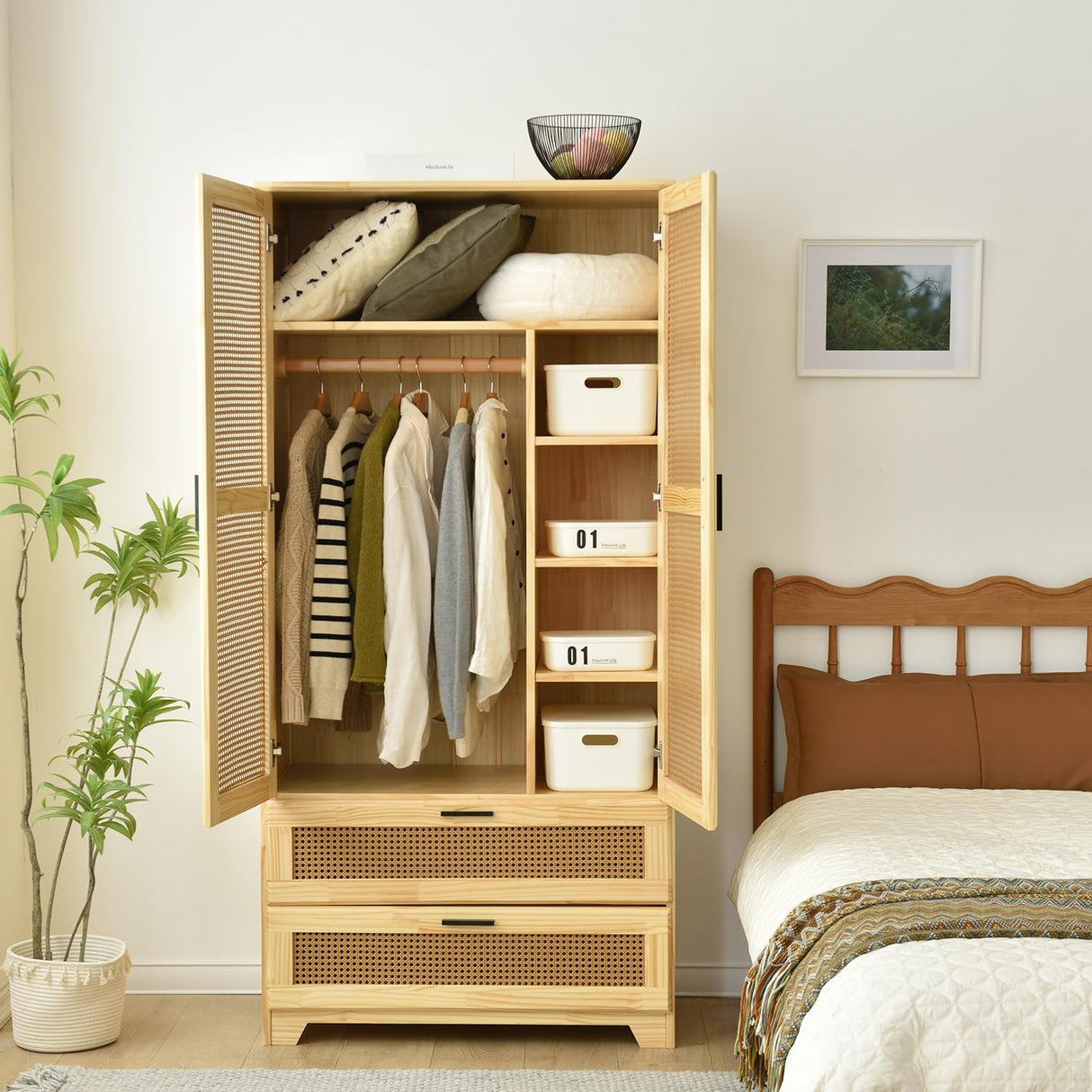 Better Home Products Pine Wood Closet with Rattan Doors and 2-Drawers in Natural Better Home Products