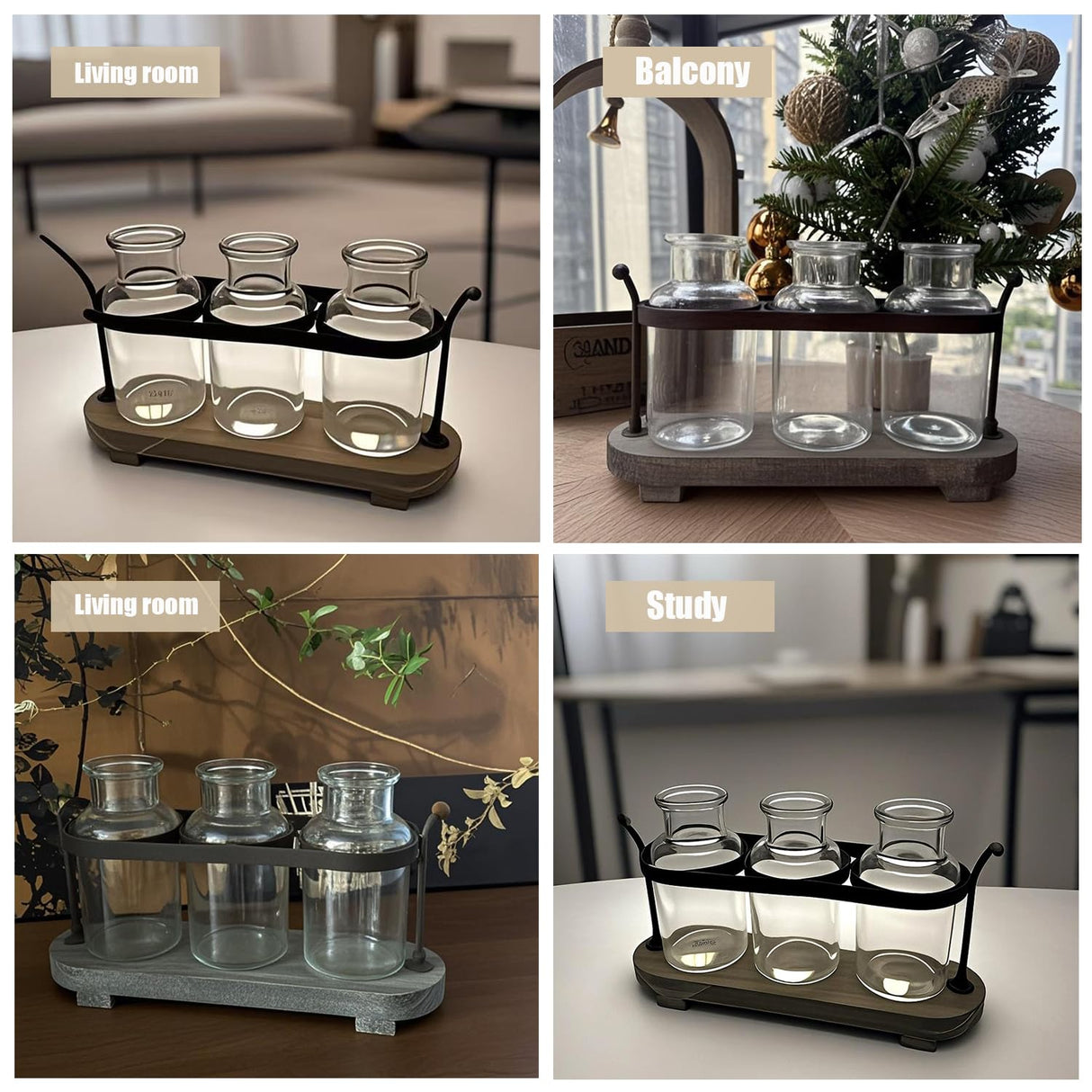 Funsoba Propagation Stations with Rustic Wood Metal Stand, Glass Vase Set with Wicker Basket Holder, 3 Bottles, Rustic Farmhouse Decor, Home and Office Table Decor (Set of 3 Bottles) FUNSOBA