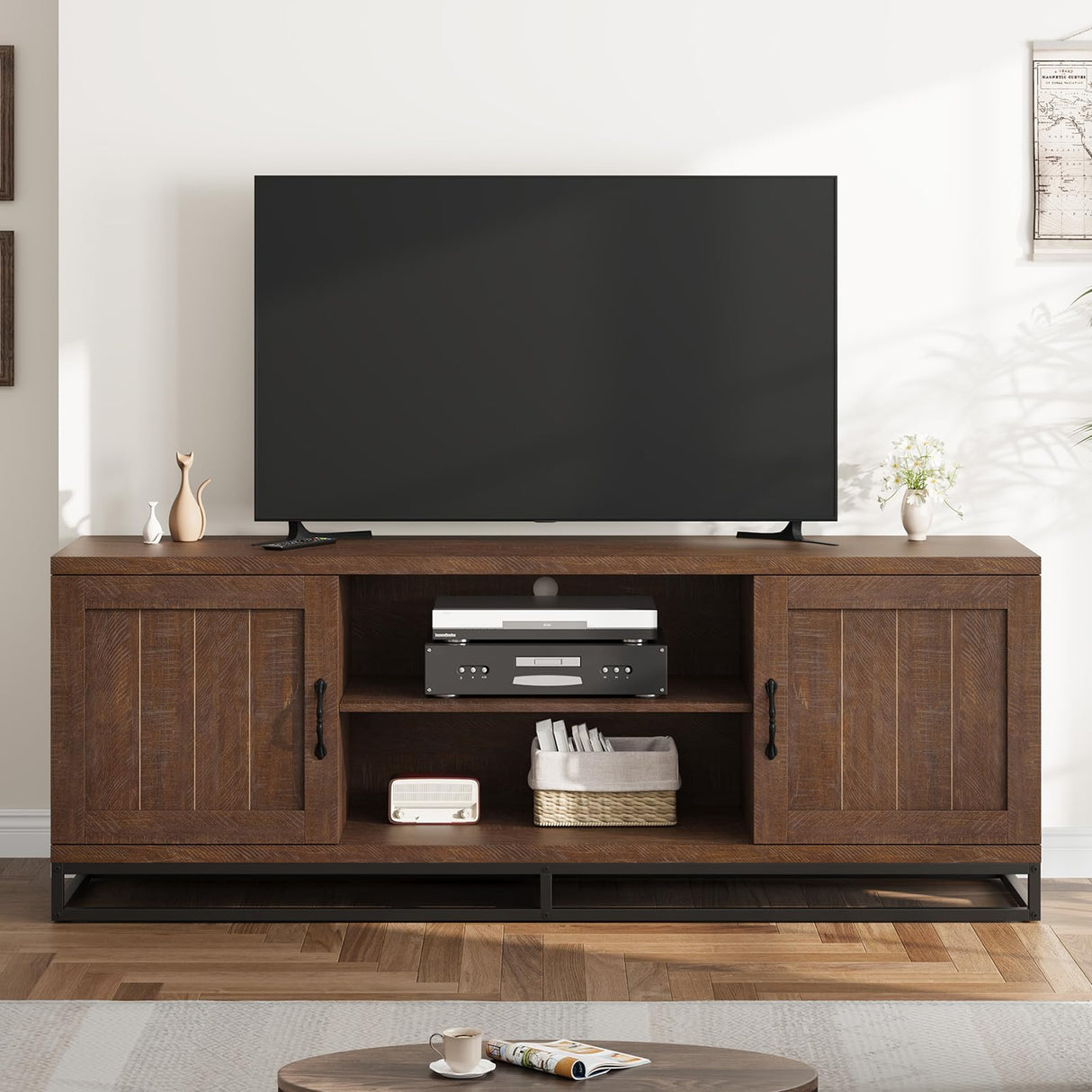 GarveeHome Farmhouse TV Stand for 75 in, Walnut Entertainment Center with Sturdy Metal Leg & Adjustable Shelves, Wooden TV & Media Console Cabinet for Living Room Bedroom GarveeHome