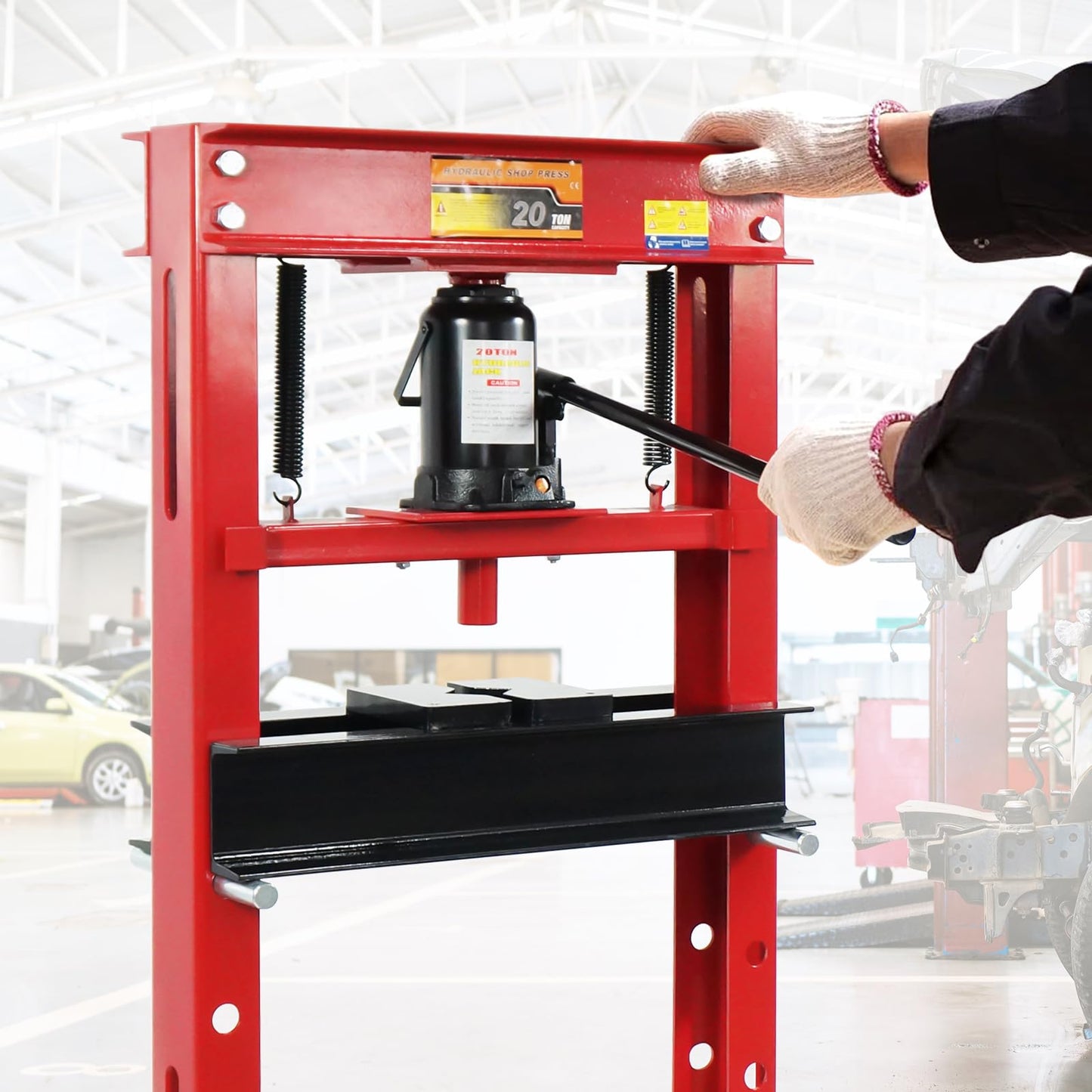 20 Ton Hydraulic Shop Press - Adjustable H-Frame Garage Floor & Benchtop Press with Removable Support Levers and Press Plates - Heavy Duty Red Hydraulic Press for Metalworking, Bending, Stamp - WoodArtSupply