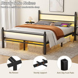 Gohapnis Full Size Bed Frame with Headboard and Footboard,Black Metal Platform Bed Frames with LED Lights and USB Charging Station,Heavy Duty Metal Slats,No Box Spring Needed,Sturdy&Noise Free Gohapnis