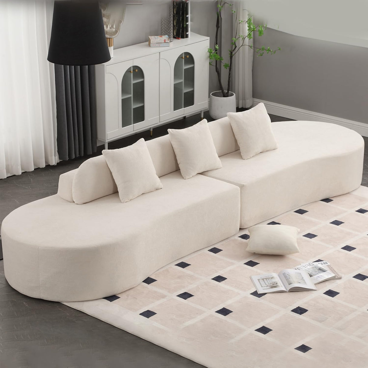 Suheww 130.5” Curved Sofa for Living Room, Cloud Sectional Couch Modern Boneless Lounge Sofa, 4-Seater Beige Oversized Compressed Couch with 3 Pillows for Apartment Bedroom Office Suheww