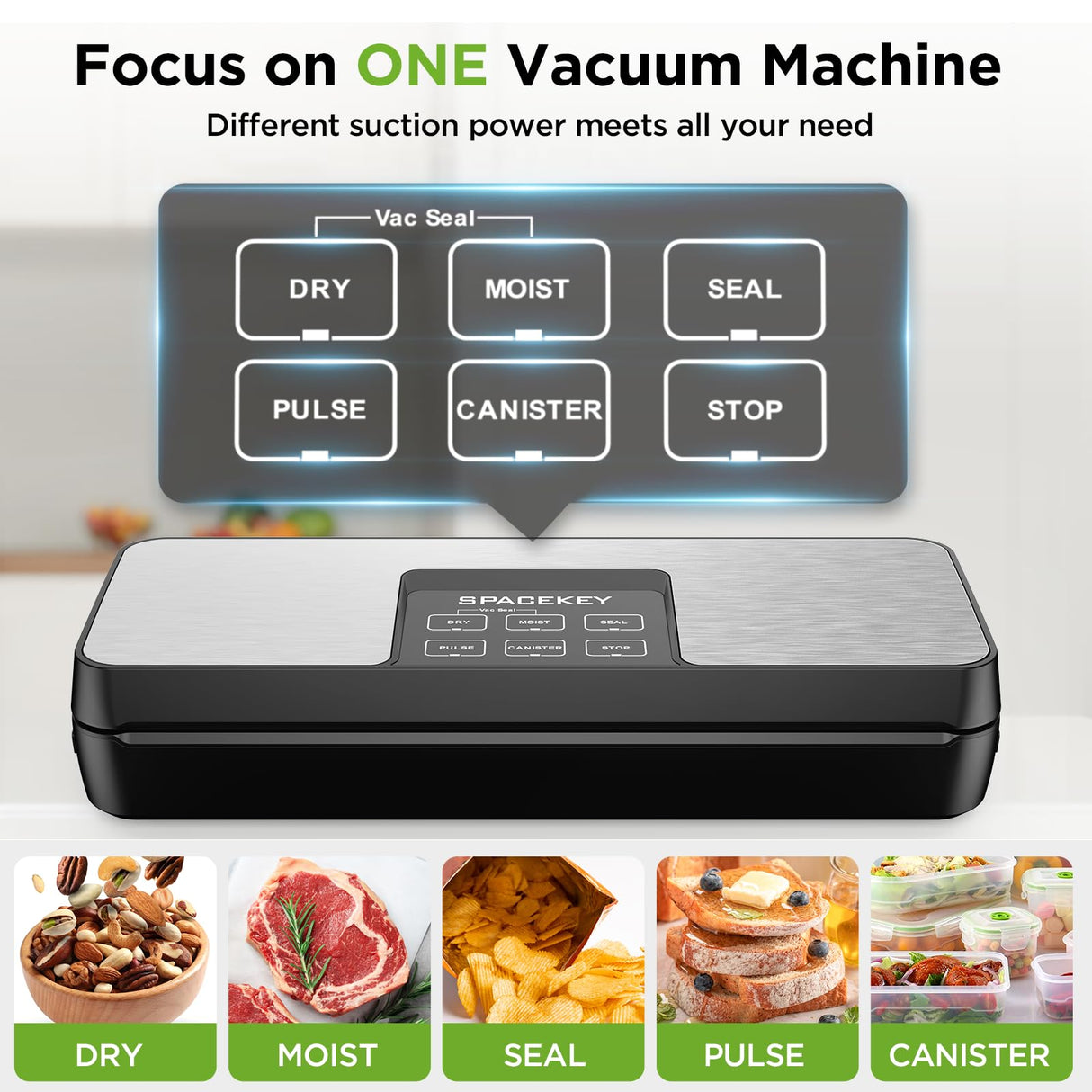 SPACEKEY Vacuum Sealer Machine, 85Kpa Food Sealer with Bag Roll Storage Space, 8-in-1 Food Vacuum Machine, Pulse Function, Dry&Moist Modes, Built in Cutter, Bag Roll included, Silver Spacekey