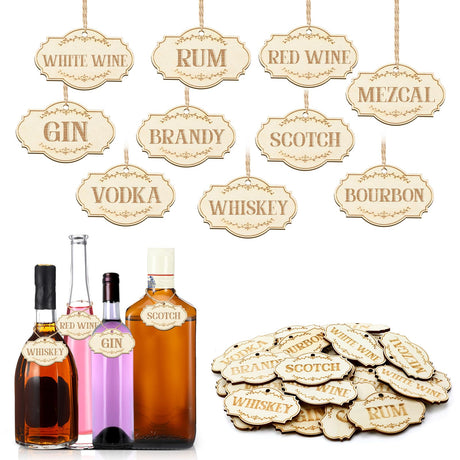 Marsui 30 Pcs Wood Decanter Tags Liquor Decanter Labels Laser Engraved Wooden Liquor Tags for Bottles Decanters Bourbon Rustic Liquor Tags Accessories for Liquor Cabinet Bars Restaurants Marsui