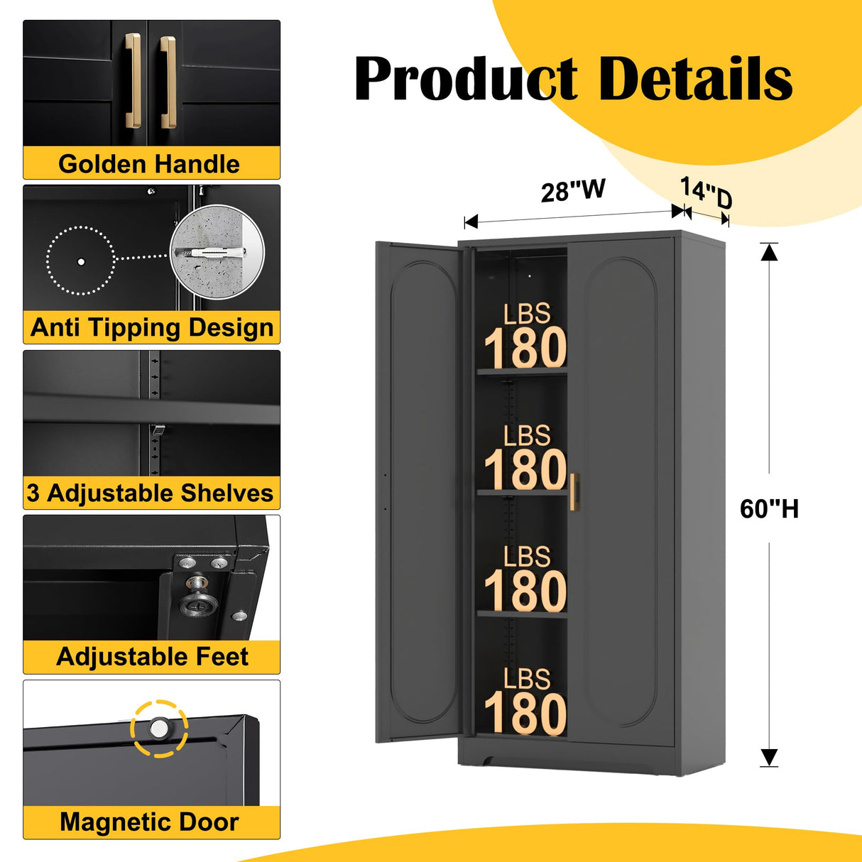 SteeLoong Metal Kitchen Storage Cabinets,60”Pantry Cabinet with Doors and 4 Adjustable Shelves,Tall Black Cabinet for Pantry, Laundry Room,Living Room,Dinning Room SteeLoong