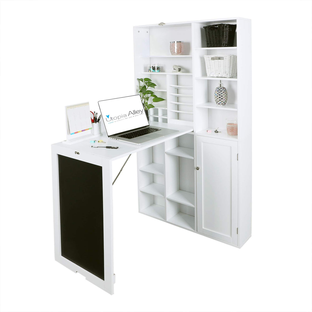 Utopia Alley Collapsible Fold Down Desk Table | Computer Desk with Large Storage Cabinet & Bottom Shelves, Stylish Furniture for Home Office, Crafting, and More (White) Utopia Alley