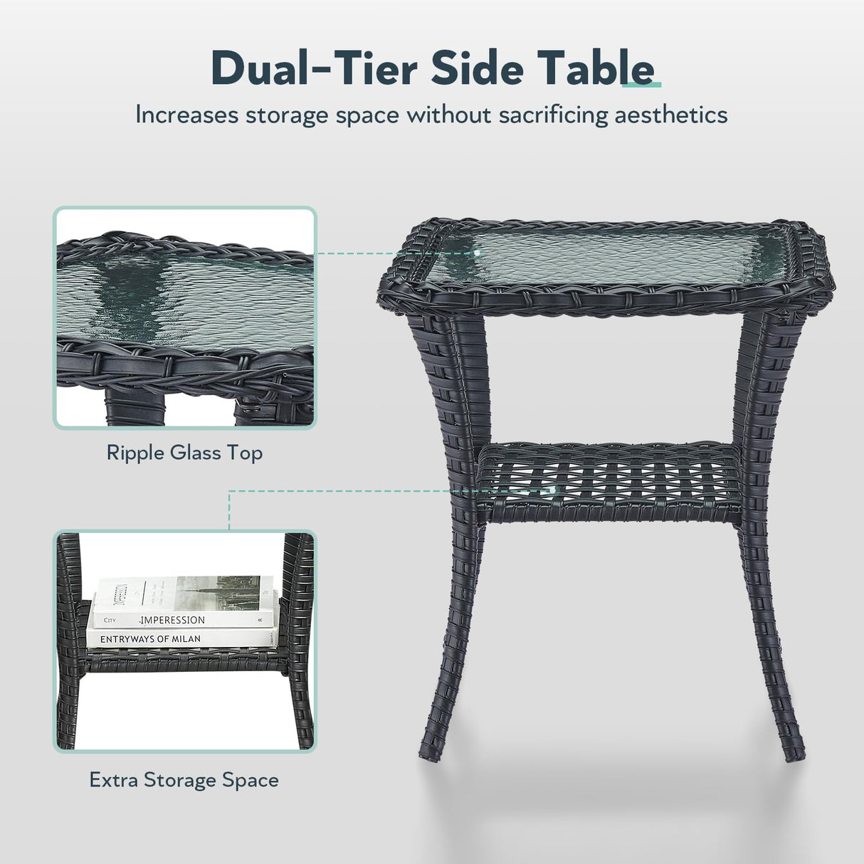 Artfurniz Outdoor Swivel Glider Rocker Chairs Set- 5 Piece Patio Furniture Set, Patio Bistro Sets with Tempered Glass Side Table and 2 Ottoman, for Balcony, Porch - Black Wicker Beige Cushion Artfurniz