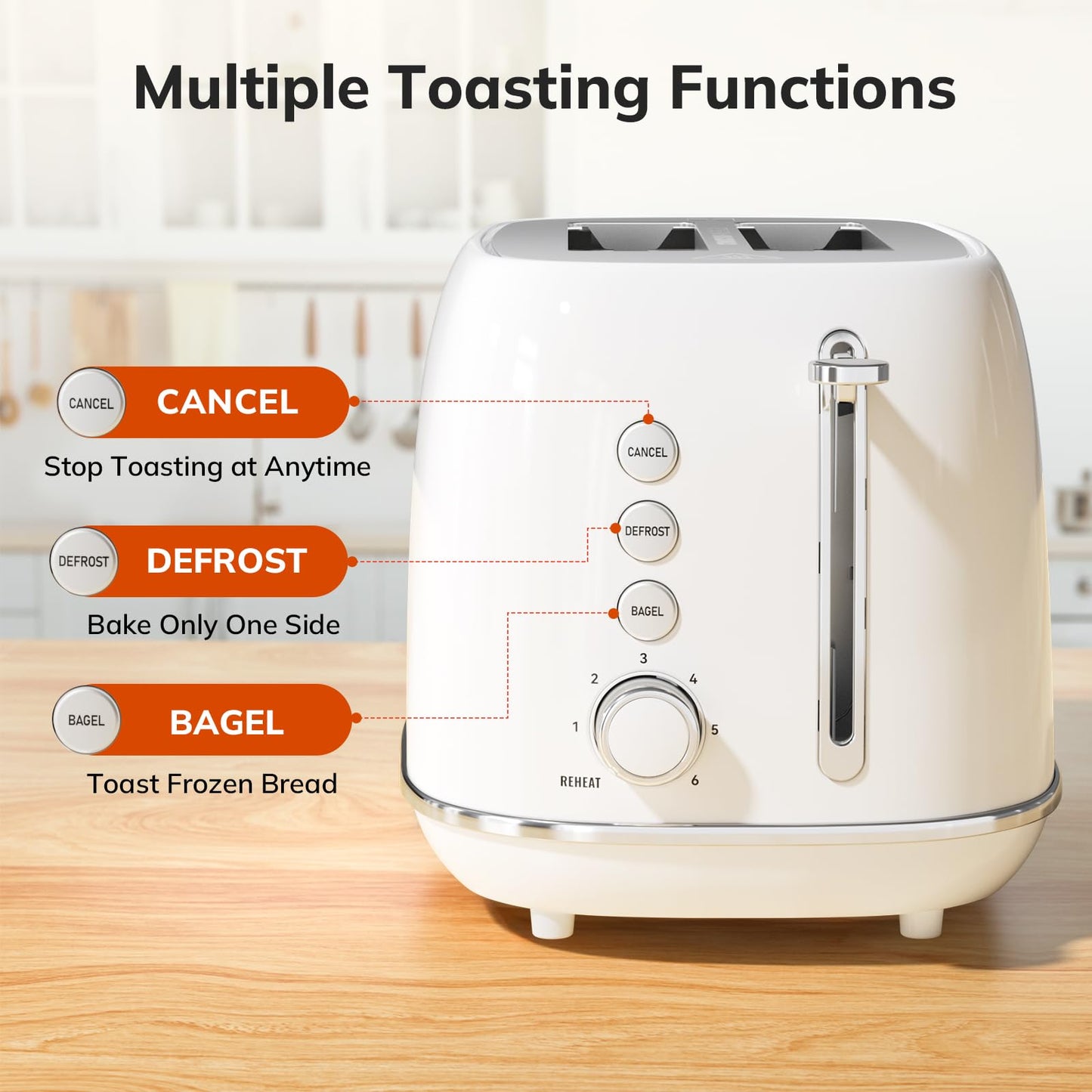 Keenstone Toaster 2 Slice, Retro Wide Slot Stainless Steel Toaster with 6 Browning Levels, Reheat & Defrost, for Bagel, Toast, Bread, Kitchen Essentials, Removable Crumb Tray, White