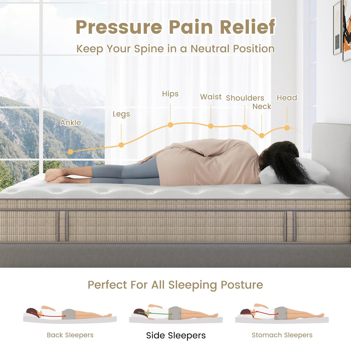 FLEXPEDIC King Size Mattress,14 Inch Memory Foam Hybrid Mattresses in a Box with Individual Pocket Spring,Khaki Medium Firm King Mattress,CertiPUR-US FP FLEXPEDIC