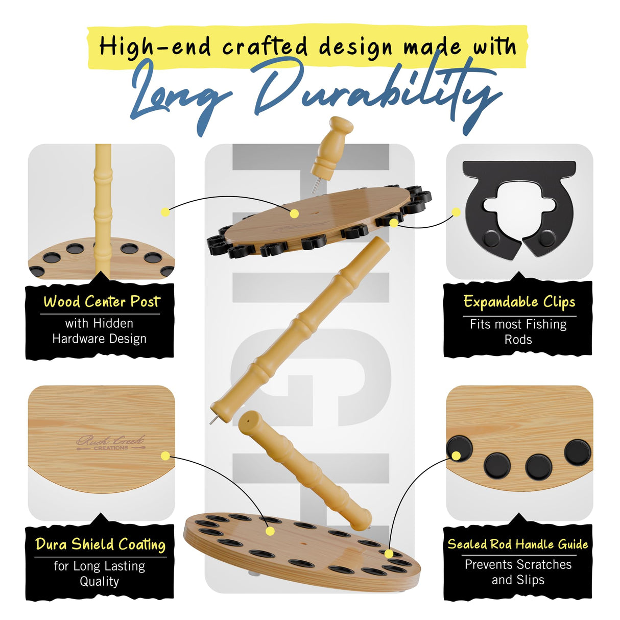 Rush Creek Creations Round 16 Fishing Rod Storage Rack - Features Traditional Handcrafted Wood Post - No Tool Assembly, Wood Grain Laminate Rush Creek Creations