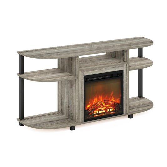 Furinno Jensen Open Storage Curved Entertainment Center Stand with Fireplace for TV up to 55 Inch, French Oak Grey