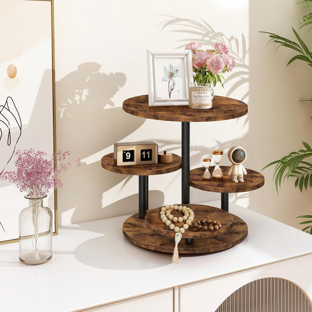 ELITEROO 4 Tier Round Cupcake Tower Stand for 50 Cupcakes, Wooden Rotatable Cake Stands with Tiered Tray, Farmhouse Wood Dessert Display Platter for Birthday Graduation Baby Shower Wedding Tea Party ELITEROO