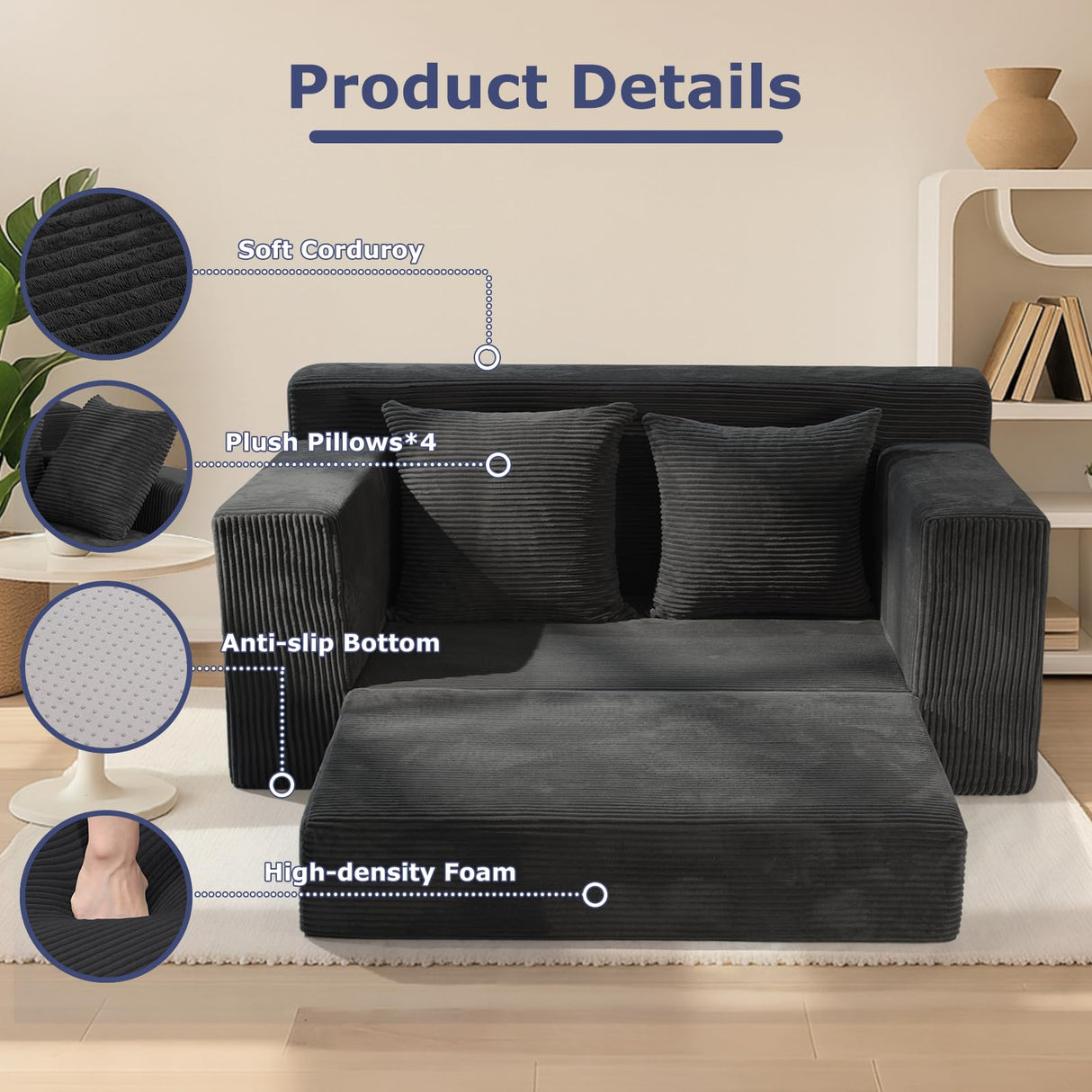 Convertible Sofa Bed, Boneless Couch Loveseat Sleeper, 2 in 1 Folding Couch Bed, Fold Out Comfy Floor Futon Sofa with Pillows for Living Room Bedroom, Black feliz home