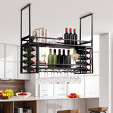 Ceiling Wine Glass Rack - Wine Rack Wall Mounted with Glass Holder, 2 Layer Industrial Hanging Wine Bottle Holder with LED, Wine Storage Display Shelf for Home Bar Dining Room Kitchen (Black, 47.2in) KEPMOGOH