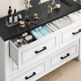 DWVO Farmhouse Wooden Dresser TV Stand with Power Outlet, 6-Drawer Dresser with Large Storage Drawers and Bar Handles, Ideal for Living Room, Hallway, 47.2" L x 15.7" W x 33.4" H - White & Black DWVO