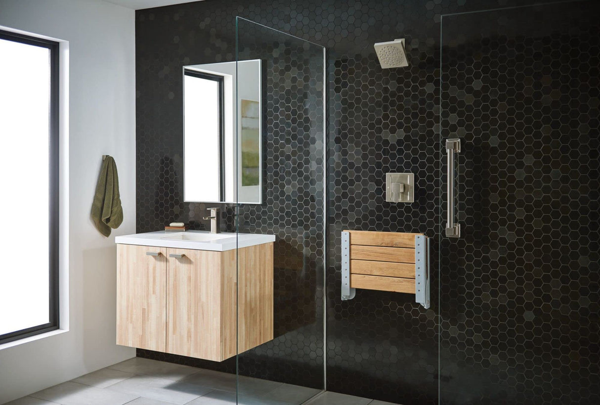 Moen Bath Safety Furniture Wood Home Care Teak Wood Aluminum Folding Shower Seat, Wall Mounted Shower Bench, DN7110 Moen