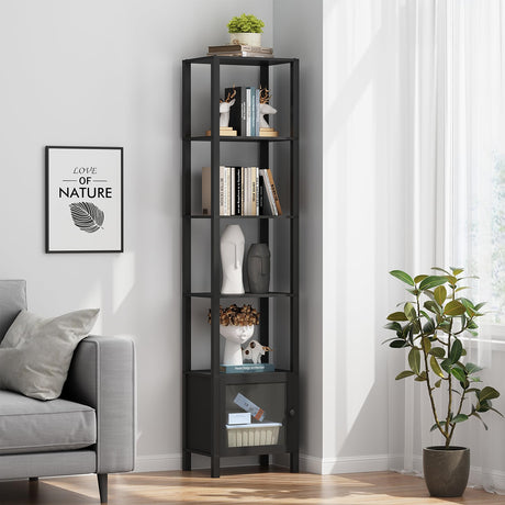 TUTOTAK 6 Tier Bookcase and Bookshelf, Narrow Book Shelf with Door for Small Space, for Living Room, Office, Study, Entryway, Black BS03BK006 TUTOTAK