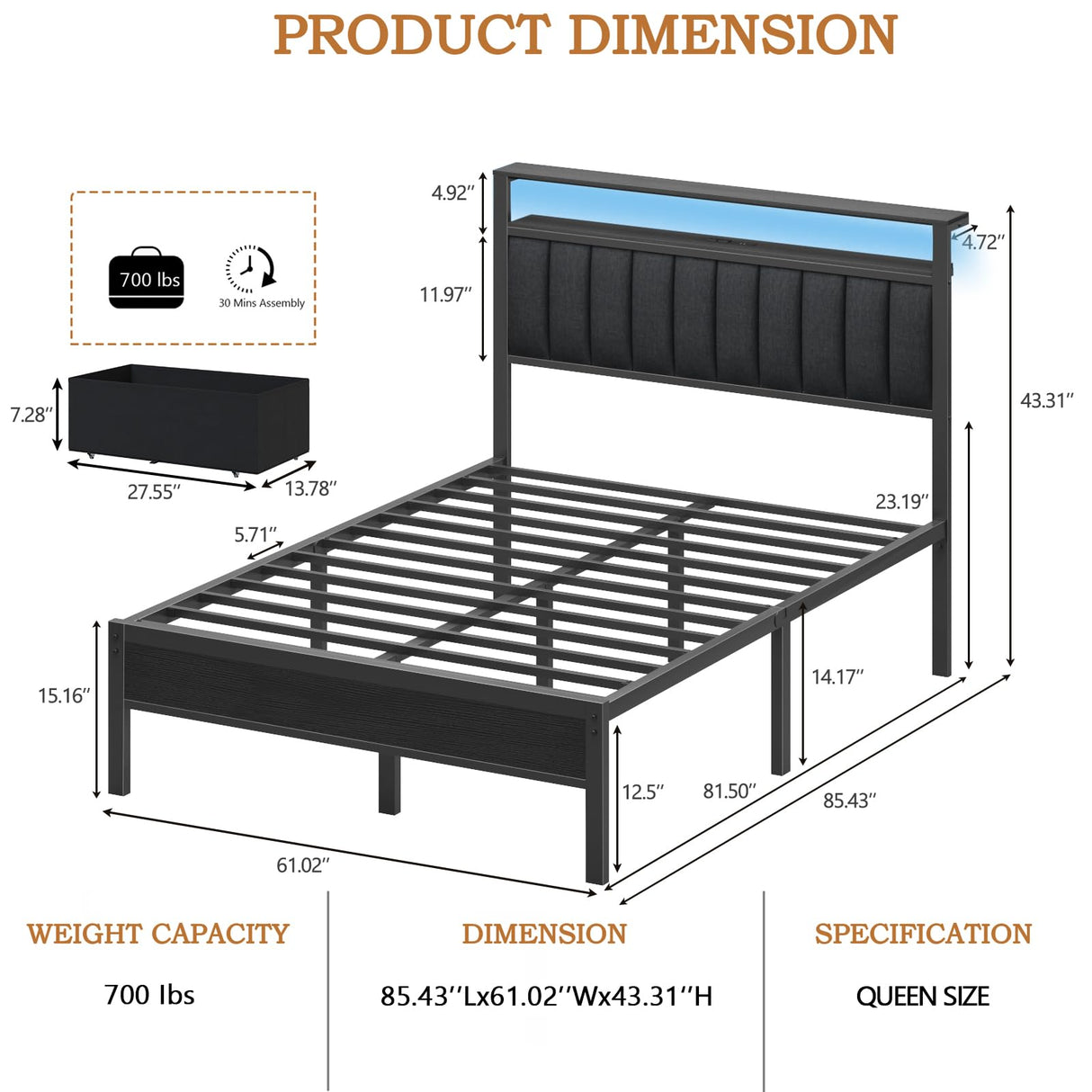 Furnulem Queen Bed Frame with Charging Station and LED Lights, Grey Upholstered Headboard with Shelves, Metal Platform Bed with 2 Under-Bed Storage (Fabric Drawer on Wheels), No Box Spring Needed Furnulem