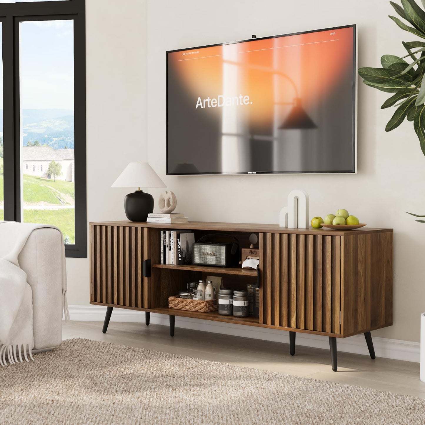 Smart FENDEE 53“ Walnut Fluted TV Stand with 2 Cabinets, Modern TV Consoles with Adjustable Shelf, Entertainment Center Fits 30" to 60" TV for Living Room, Bedroom