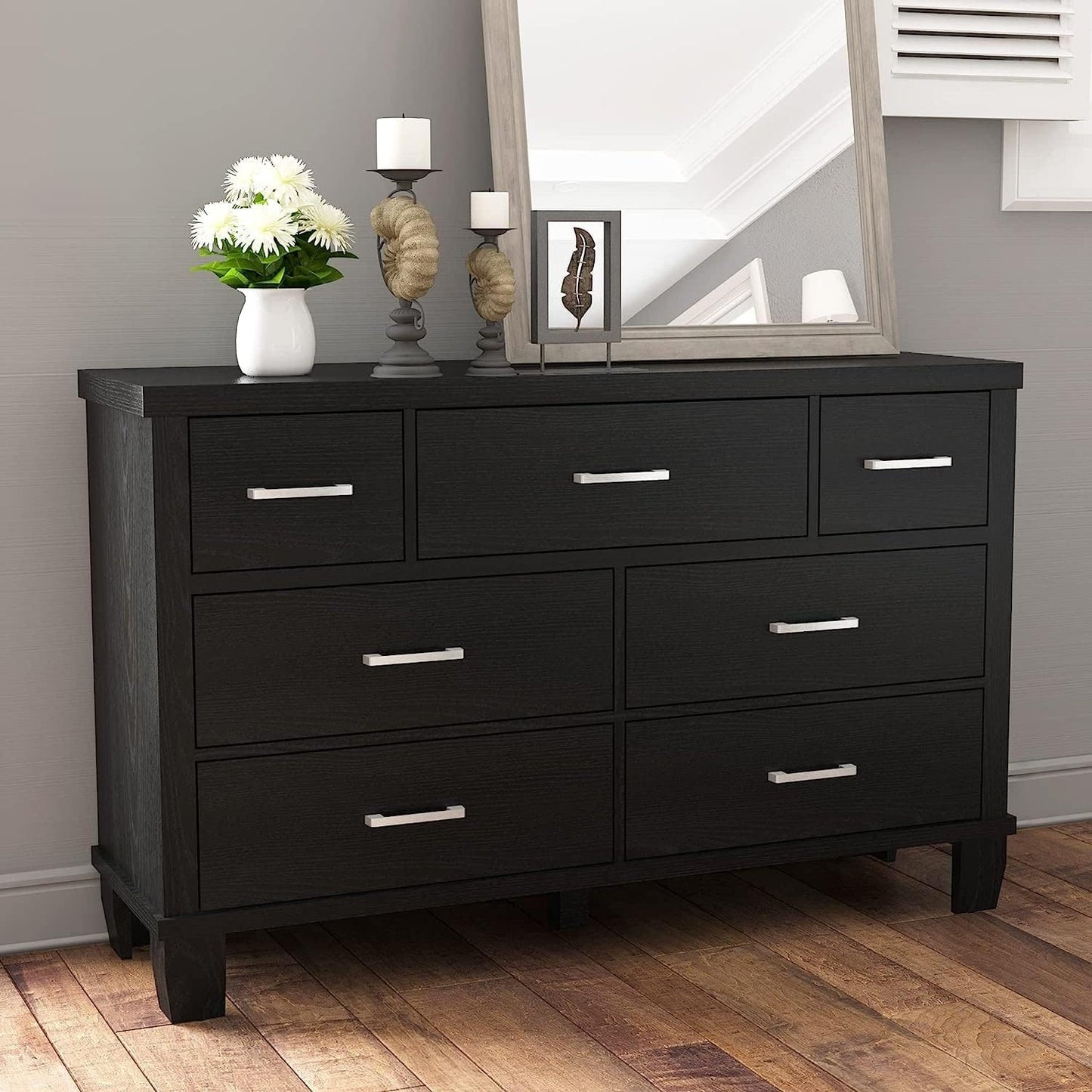 SUNNYFURN Dresser for Bedroom with 7 Drawer Modern Wooden Dresser - 3-Tier Drawer Chest, Entryway, Closet, Living Room, and Hallway Storage - Stylish & Functional Organizer Black - WoodArtSupply