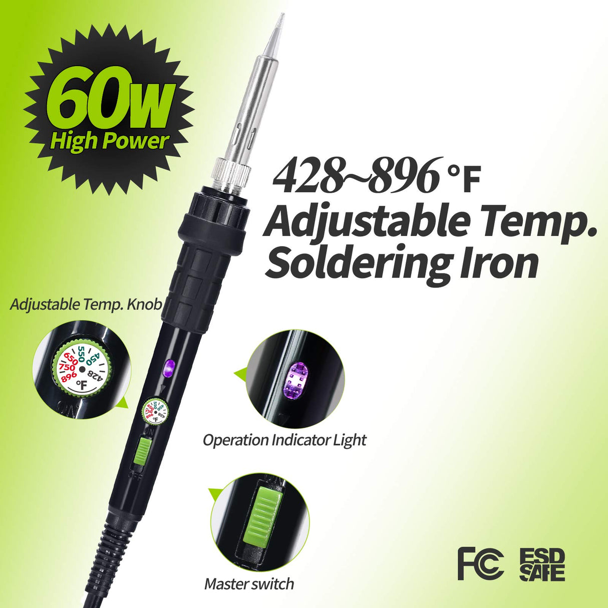 YIHUA 947-III 60W Soldering Iron Kit Adjustable Temperature with Sticky Holder, Tip Cleaner, Cleaning Sponge Power Switch, Operation Indicator, Portable Soldering Kit YIHUA