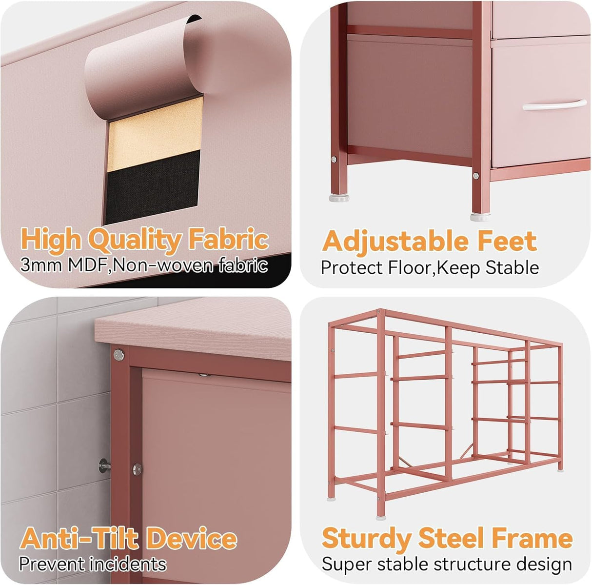 TrailBlaze Multifunctional Drawer Tower with Power Outlet, 55'' TV Stand with 10 Drawers, Fabric Chest of Drawers with Storage Drawers, Waterproof Wood Top, Anti-Tip Safety, Easy Assembly (Pink) TrailBlaze