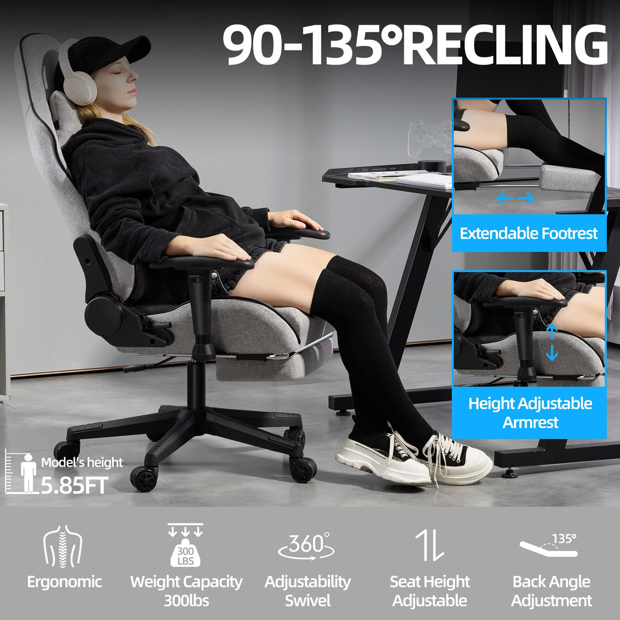 Mondschein Gaming Chair with Pocket Spring, Fabric Office Chair Massage Computer Chair with Footrest, High Back Ergonomic Reclining Desk Chair Racing Game PC Chair Adjustable Armrest Headrest (Grey) Mondschein