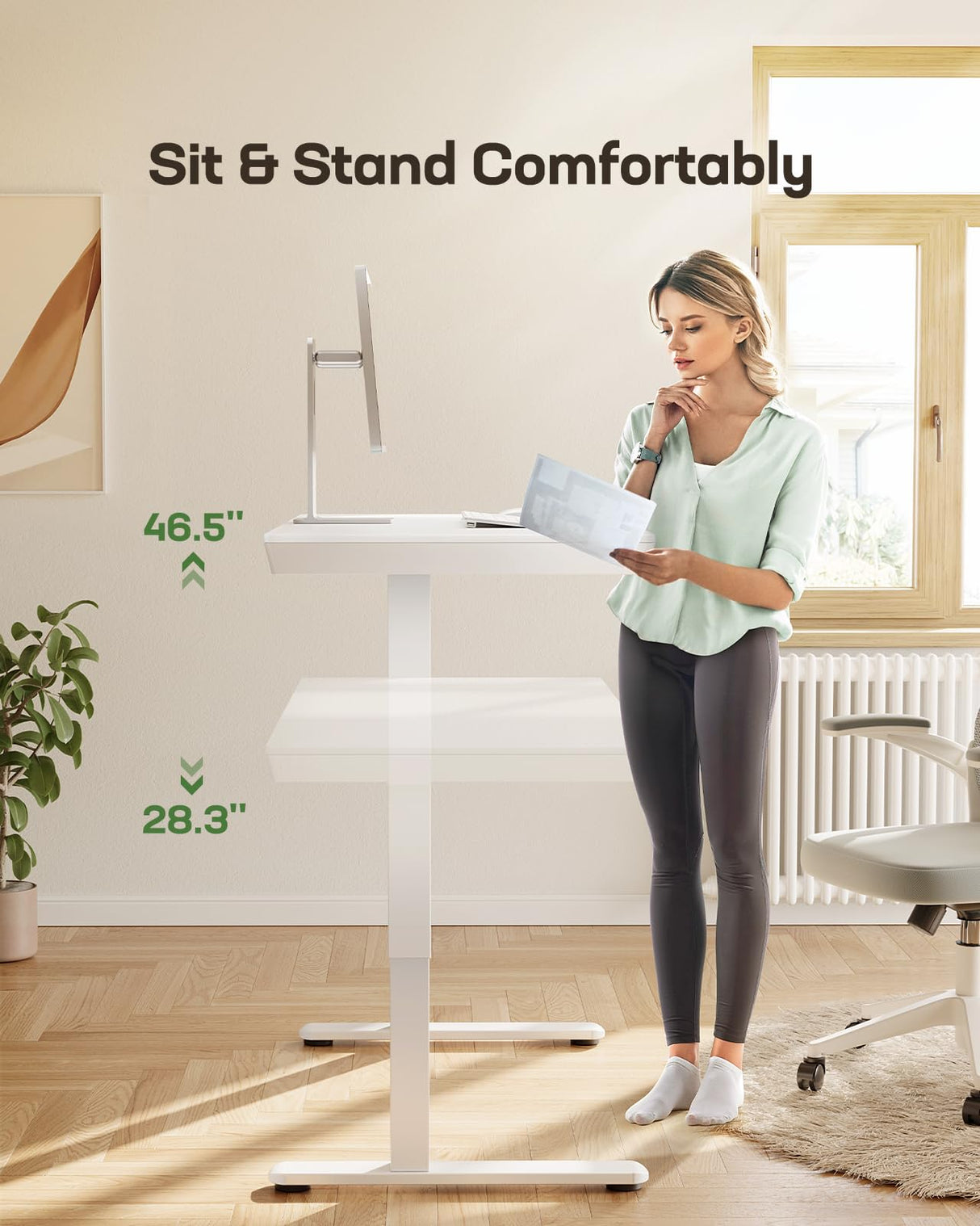 Marsail Standing Desk with Drawer, 48 x 24 inch Whole Piece Tabletop Electric Standing Desk, Height Adjustable Desk with USB Charging Ports, Sit Stand Desk with Storage for Home & Office White Marsail