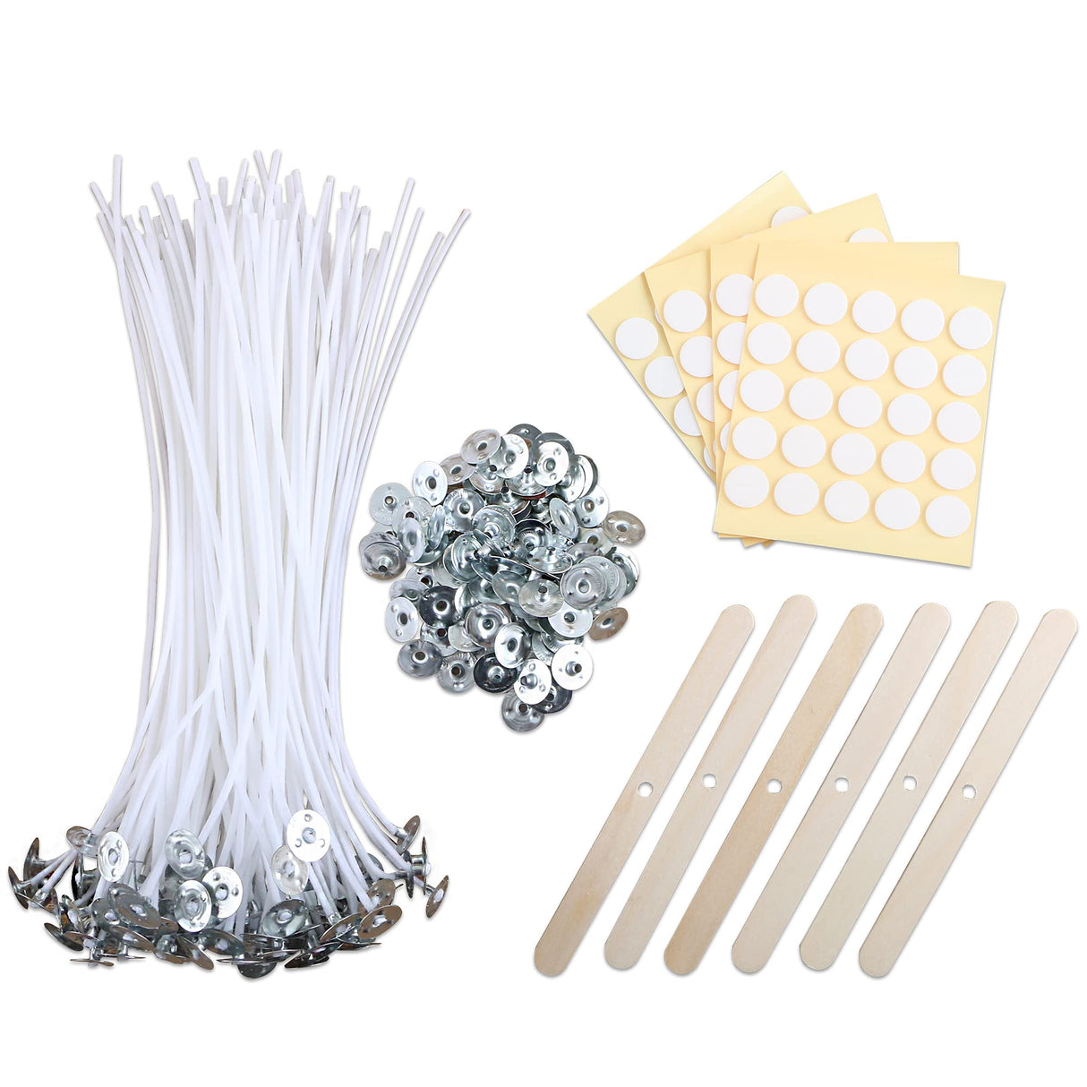 MILIVIXAY 100PCS 10 inch Candle Wicks with 100 Metal Tabs, 100PCS Candle Wick Stickers and 6PCS Wooden Candle Wick Holders - Wicks Coated with Paraffin Wax, Cotton Wicks Kits for Candle Making. MILIVIXAY