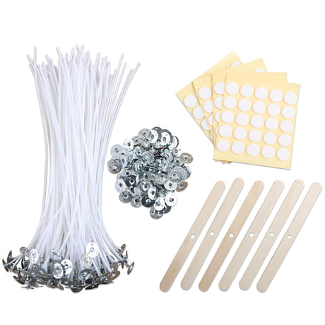 MILIVIXAY 100PCS 10 inch Candle Wicks with 100 Metal Tabs, 100PCS Candle Wick Stickers and 6PCS Wooden Candle Wick Holders - Wicks Coated with Paraffin Wax, Cotton Wicks Kits for Candle Making. MILIVIXAY