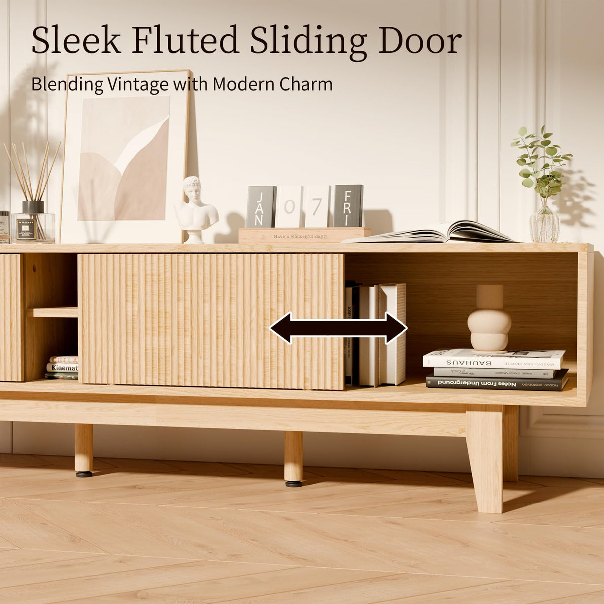 59" Mid-Century Modern TV Stand with Fluted Sliding Doors - Solid Wood Entertainment Center for 55/60/65 Inch TV, Adjustable Shelves, Boho Farmhouse Media Console for Living Room, Bedroom & Office.Oak SEALAMB