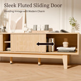 59" Mid-Century Modern TV Stand with Fluted Sliding Doors - Solid Wood Entertainment Center for 55/60/65 Inch TV, Adjustable Shelves, Boho Farmhouse Media Console for Living Room, Bedroom & Office.Oak SEALAMB