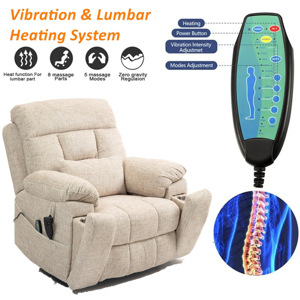 Big Tall Man Power Lift Lay Flat Recliner, Extra Wide Oversized Heat Massage Dual Motor Recliners Up to 400 LBS, Large Electric Power Recliner Chairs for Elderly, Adults, Lazy Boy(Cream Chenille) LITVZ