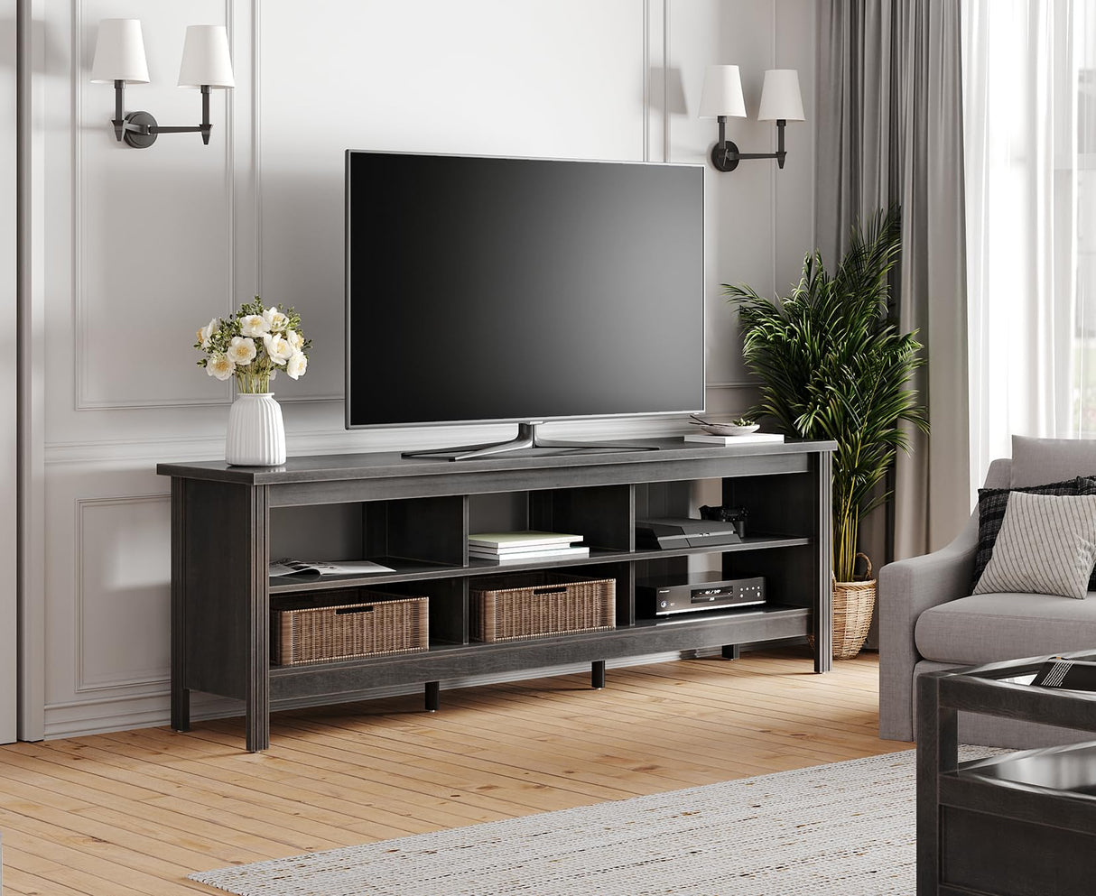 FITUEYES Farmhouse TV Stand for TVs up to 75 Inches, Black Entertainment Center for 80 inch TV Console Table with 6 Cubby Storage for Living Room Bedroom, 70'' FITUEYES