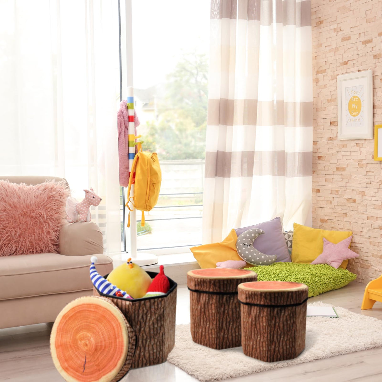 CHEFAN Fruit Storage Stool, Cute Folding Toy Box, Wood Stump Organizer for Cloth and Kids CHEFAN