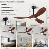 dearnow 52" wood ceiling fan with light with remote control, indoor outdoor wood ceiling fan with 3 wood blades for patio, living room, dining room, pavilion yard, etc (black + walnut) dearnow