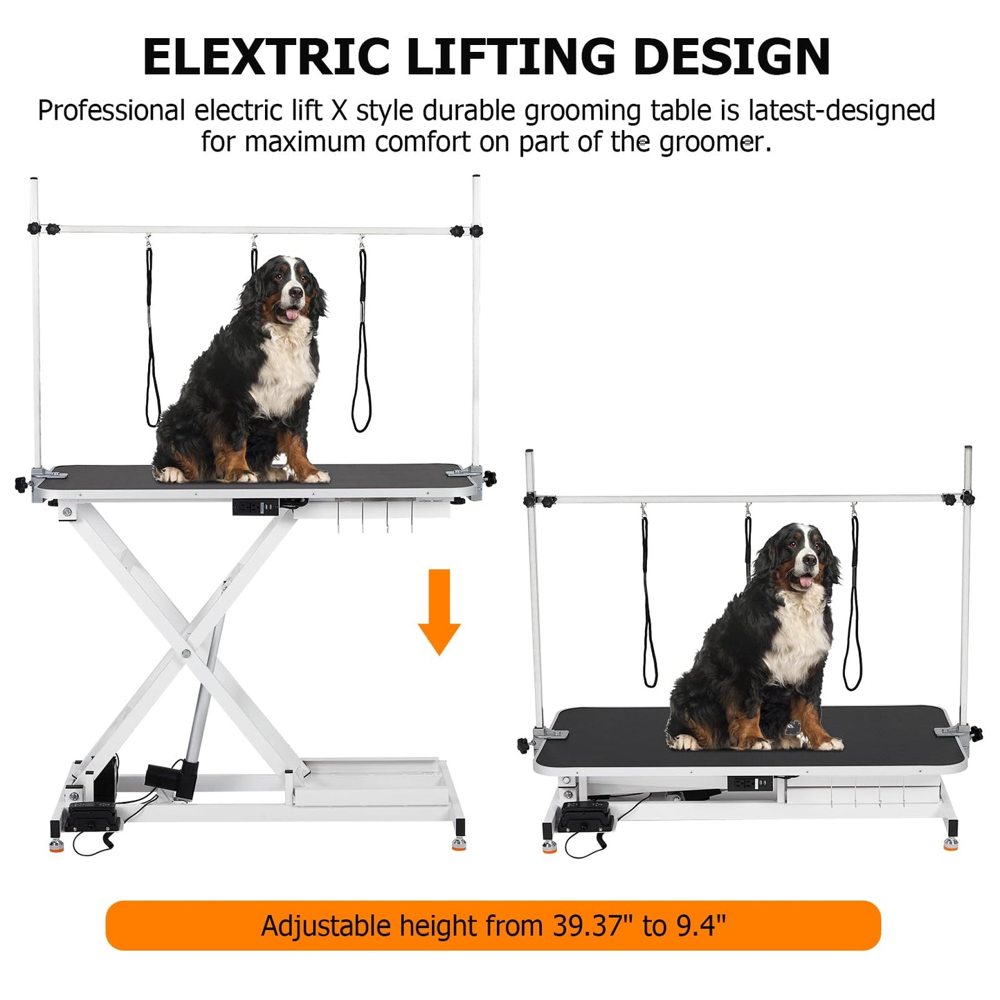 47” Electric Lift Dog Grooming Table (White), Heavy Duty Electric Grooming Arm Table for Pets & Large Dogs Adjustable Height: 9.4"-39.4" Non-slip Desktop with Gantry Crane Set, Fixture *4 Noose*2