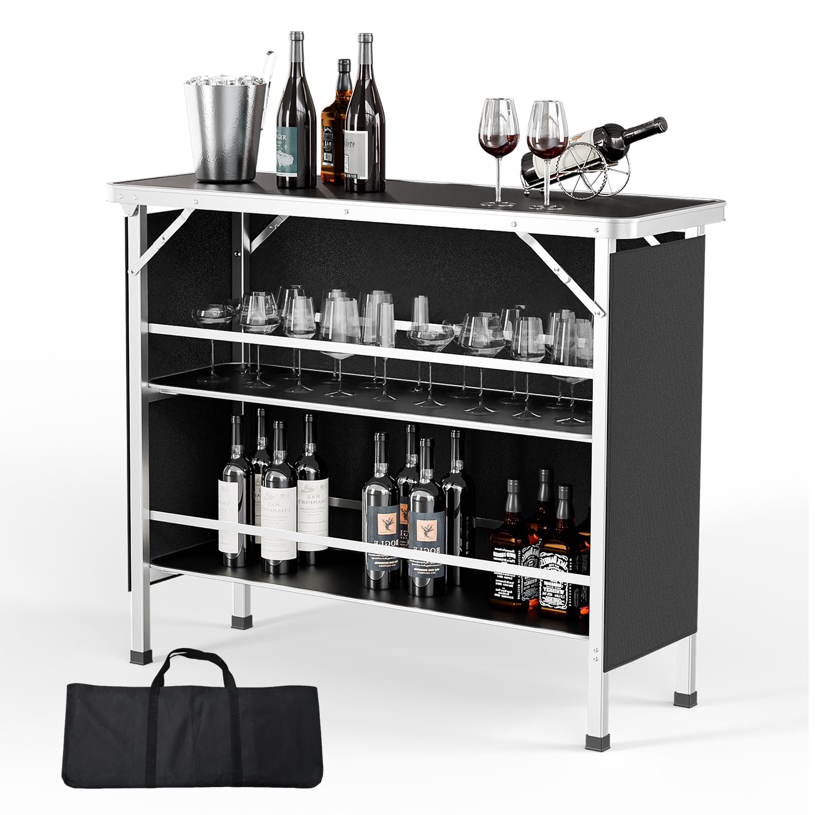 VINGLI 43" Foldable Portable Bar Table with 3-Tier Shelves for Events and Outdoor Use - WoodArtSupply