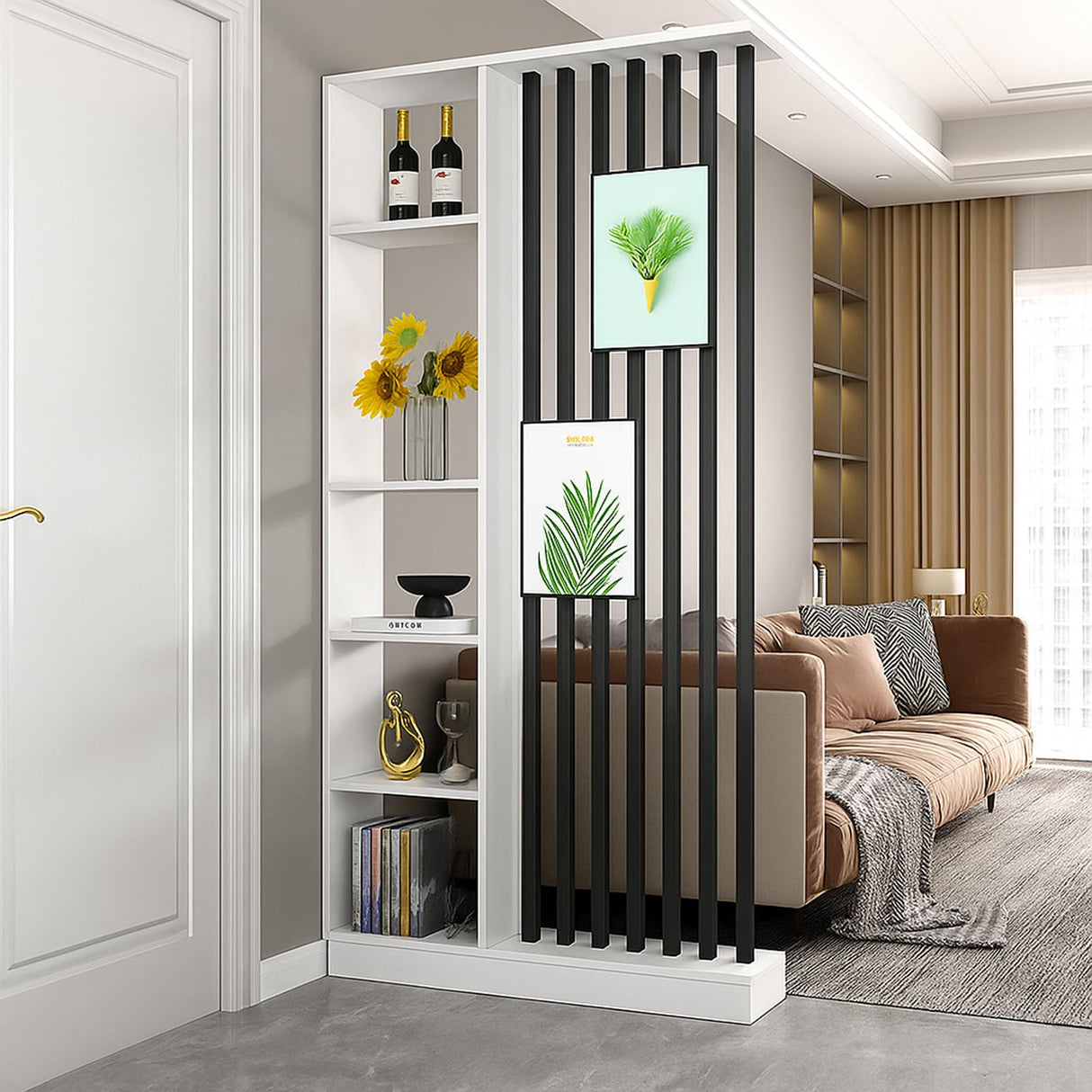 Wall Room Divider with Storage Shelves, Modern Freestanding Room Divider Screen, Open Room Wood Partition for Home & Office Decor (White + Black, 39.5" L x 9.5" W x 79.5" H) Dyale