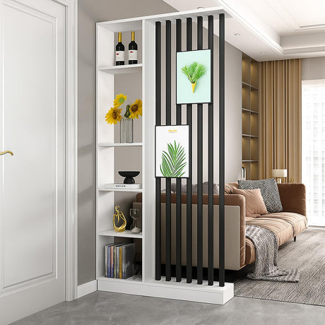 Wall Room Divider with Storage Shelves, Modern Freestanding Room Divider Screen, Open Room Wood Partition for Home & Office Decor (White + Black, 39.5" L x 9.5" W x 79.5" H) Dyale