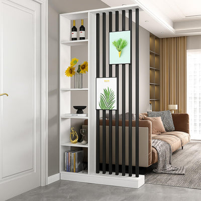 Wall Room Divider with Storage Shelves, Modern Freestanding Room Divider Screen, Open Room Wood Partition for Home & Office Decor (White + Black, 39.5" L x 9.5" W x 79.5" H)