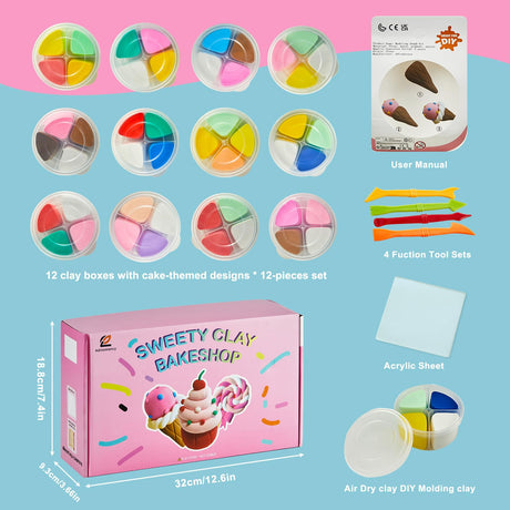 Adinomiency Air Dry Clay for Kids | 12 Pack DIY Modeling Clay Kit with 4 Colors Per Set & 12 Pastry Sculpting Guides | Non-Toxic, Easy to Use Arts and Crafts Gift for Boys & Girls Ages 3+ Adinomiency