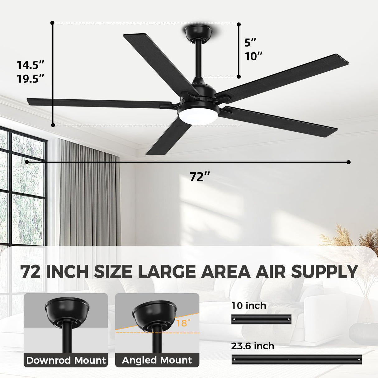 Acesal 72 Inch Ceiling Fans with Lights&App-Large Outdoor Ceiling Fan with Quiet DC Motor Dimmable 6 Speeds Timing Reversible Modern Industrial Ceiling Fan for Living Room Patio Indoor Outdoor-Black Acesal