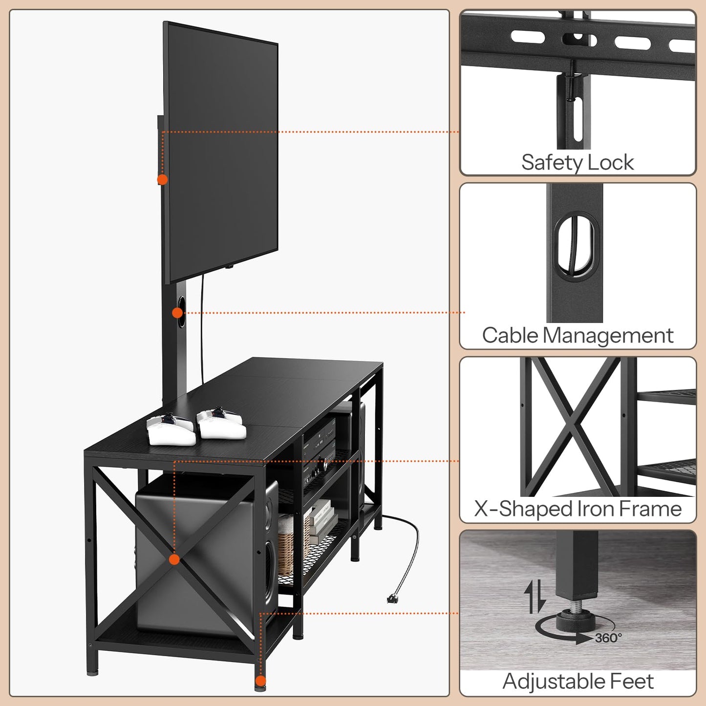 HOOBRO TV Stand with Mount and Power Outlet, LED Entertainment Center with Swivel TV Mount for 32/45/55/60/65/70/75 inch TVs, TV Cabinet with 3-Tier Storage, for Living Room, Bedroom, Black BB46UDDS01