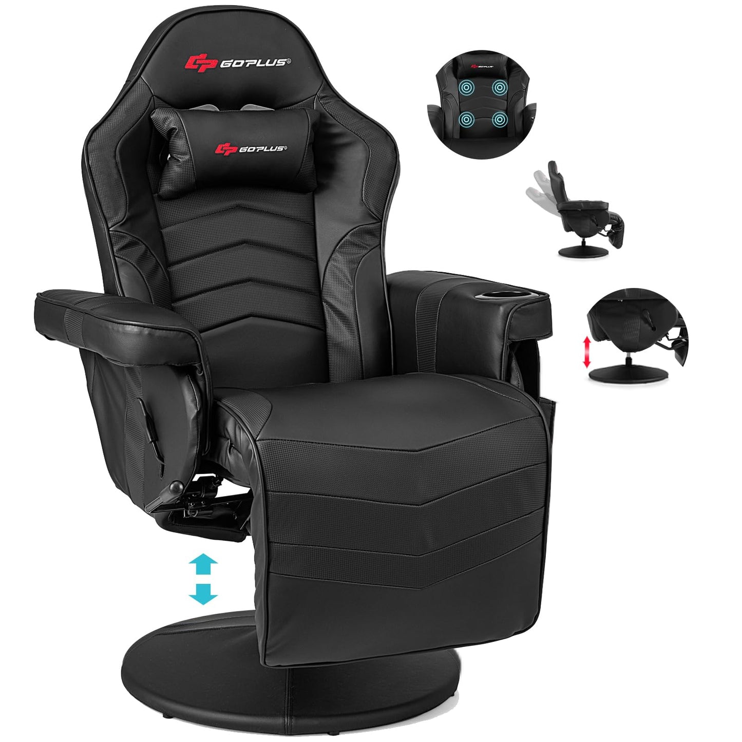 POWERSTONE Gaming Recliner, Adjustable Massage Gaming Chair with Cup Holder Footrest Ergonomic Single Sofa Living Room Home Theater Seating with Side Pouch (Black)