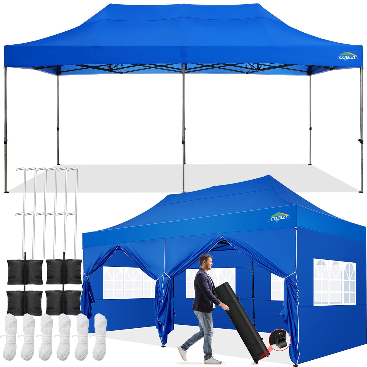 COBIZI 10x20 Pop up Canopy Tent 10x20 Canopy with 6 Sidewalls Waterproof Heavy Duty Commercial Canopy Tent for Parties Outdoor Tent Garden Gazebo Tent, Carry Bag with Wheel(10x20ft, Blue) COBIZI