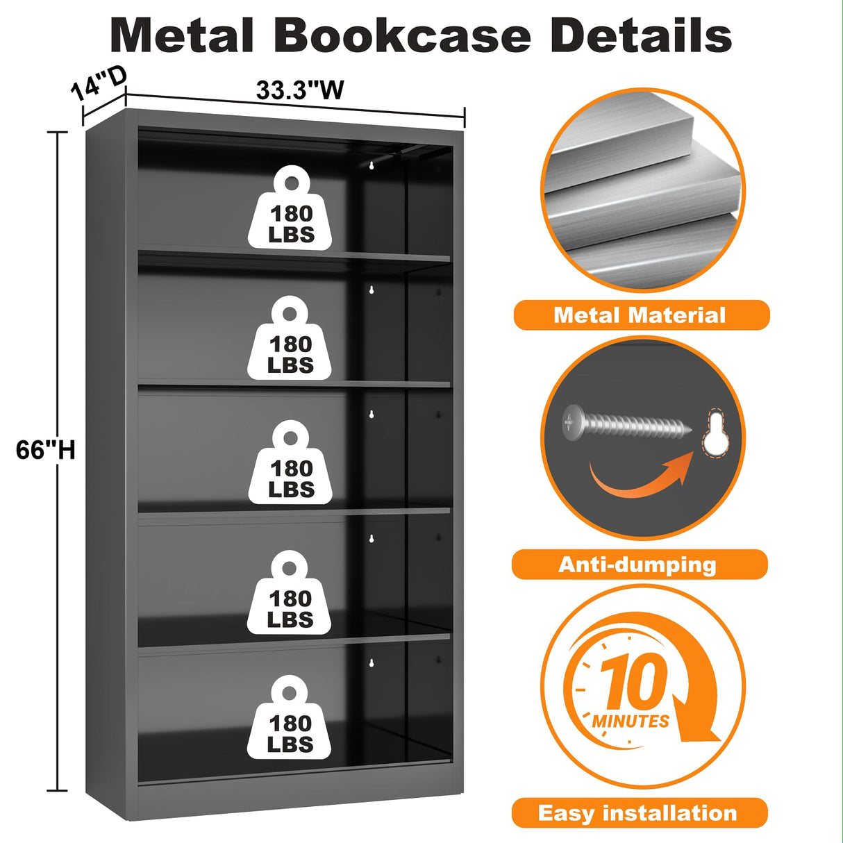 RGGCABINET 5 Tier Metal Bookshelf, 66" Tall Bookcase, Adjustable Book Shelves, Modern Black Book Shelf Storage Shelves for Bedroom, Living Room, Office, Library, Classroom, School RGGCABINET