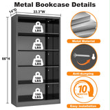 RGGCABINET 5 Tier Metal Bookshelf, 66" Tall Bookcase, Adjustable Book Shelves, Modern Black Book Shelf Storage Shelves for Bedroom, Living Room, Office, Library, Classroom, School RGGCABINET