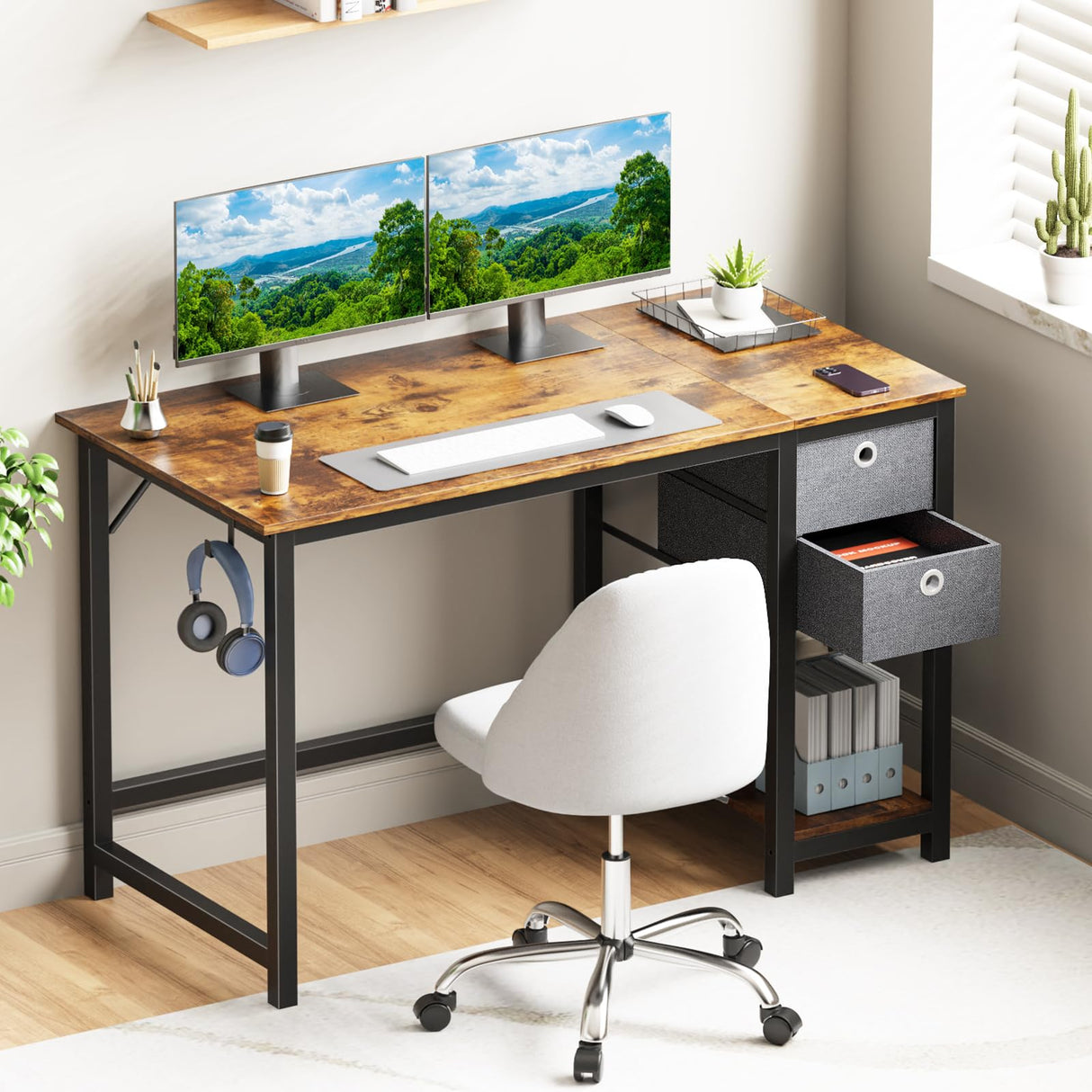 SMUG Computer Desk with Storage Drawers, 40 Inch Small Office Desk Modern Simple Workstation Study Writing Table for Home Bedroom, Rustic Brown SMUG